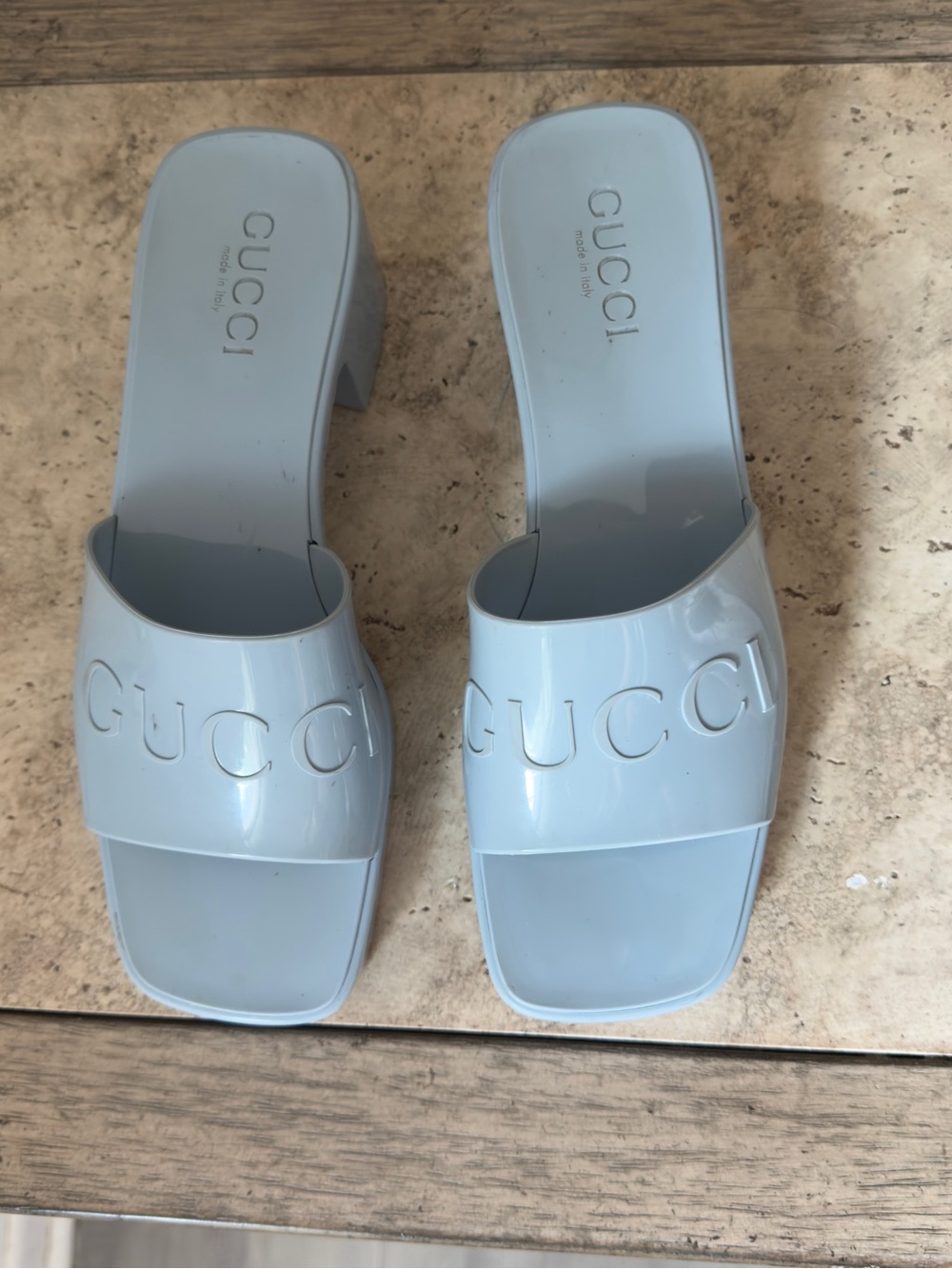 Gucci Light Blue Patent Logo Slide Mules